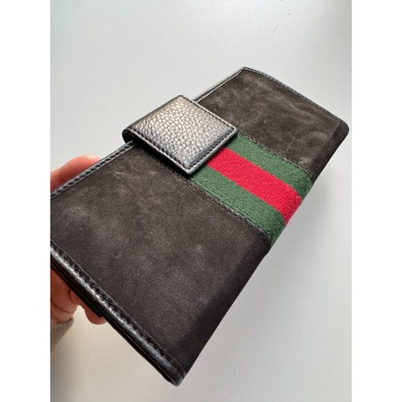 GUCCI 1953 Black Sueded Leather Striped Web Horsebit Continental Flap Wallet - Picture 8 of 16